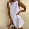 Модное однотонное мини-сексуальное платье без рукавов, женское летнее хлопково-льняное платье с круглым вырезом и рюшами, 2023, повседневное пляжное белое платье, халат 25672