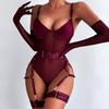 Tight Lingerie Lace Bodysuit Sexy See Through Erotic Bodysuit with Gloves Garter Night Clubwear Outfit Sissy Crotchless Mesh Top
