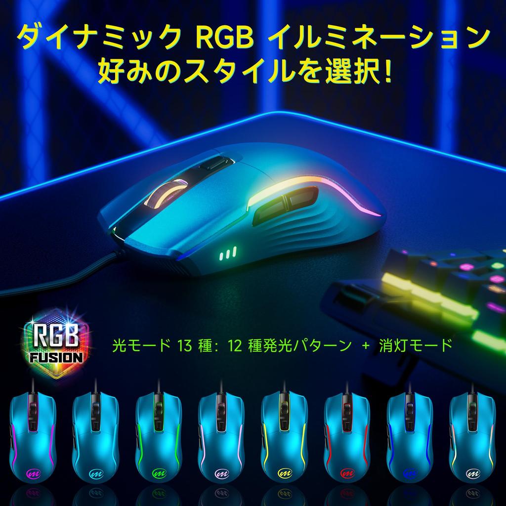Игровая мышь с проводом 12800 DPI Регулируемая Оптический сенсор A825F 13 светодиодных режимов 6 кнопок Эргономичная Кабель USB-соединение Мышь для ПК Классический синий - - - - -