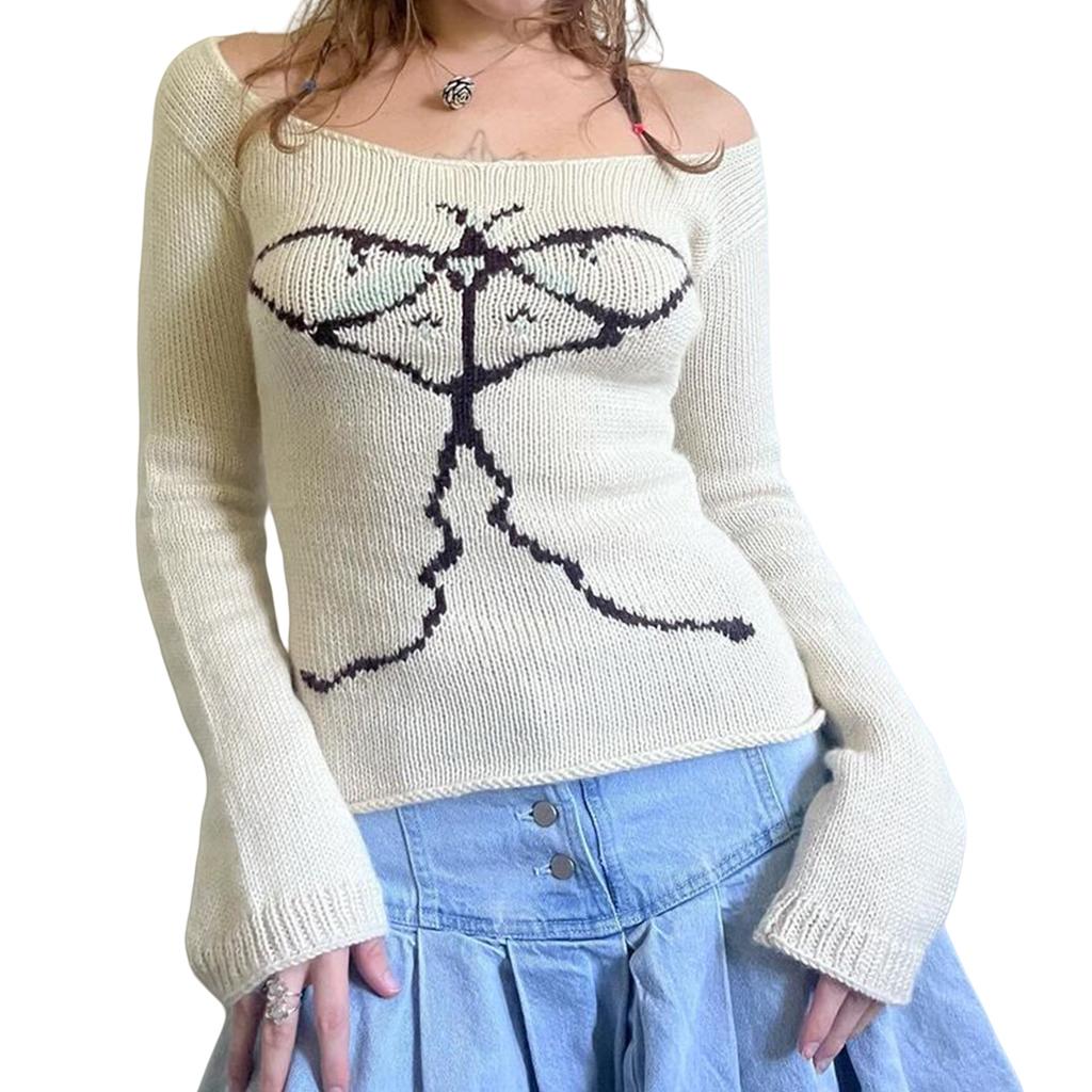 2KWEIRD Женские вязаные топы с открытыми плечами, облегающий свитер с графическим принтом, трикотаж с длинным рукавом, эстетика Y2K, уличная одежда