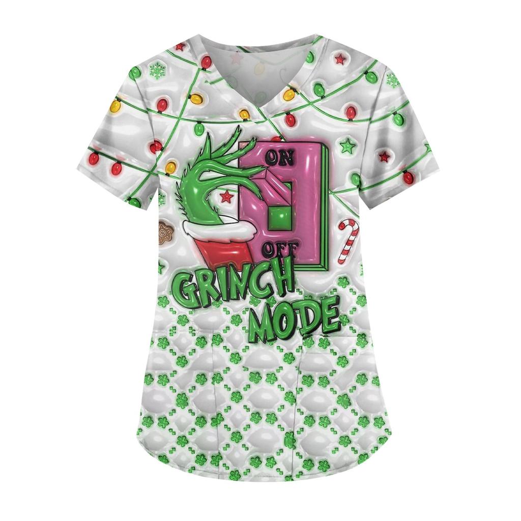 Women's Fashion Printed Short Sleeve V Neck Pattern Tops Pocket Working T-shirts