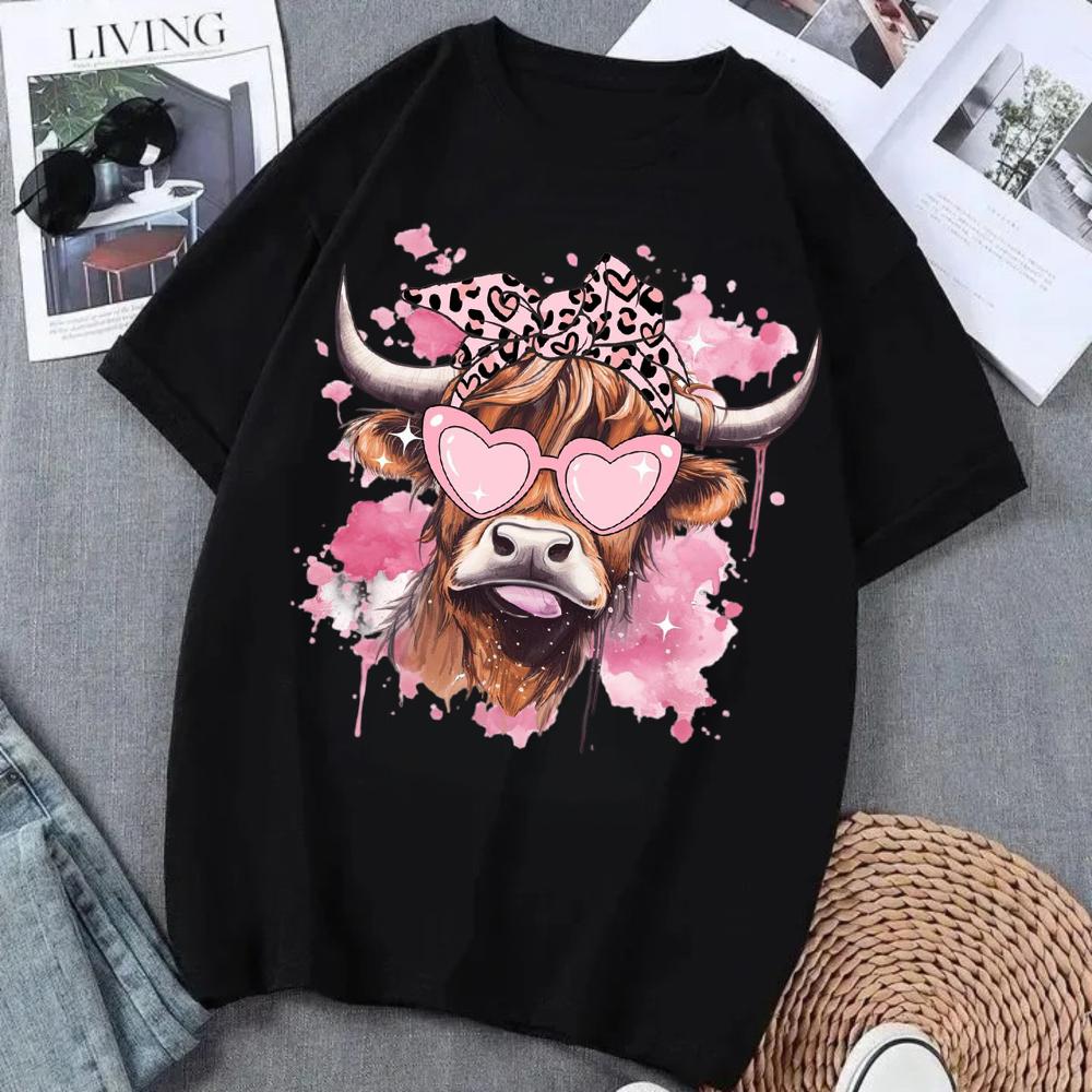 Highland Cow Floral Crown Animal Printed T Shirt Women Clothes Summer Fashion Tops Tee Shirt Femme Harajuku Shirt Y2k T Shirt