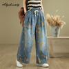 Plus Size Spring Summer Women Vintage Floral Print Jeans Drawstring Casual Loose Baggy Denim Trousers Retro Ladie's Streetwear Wide Leg Jeans