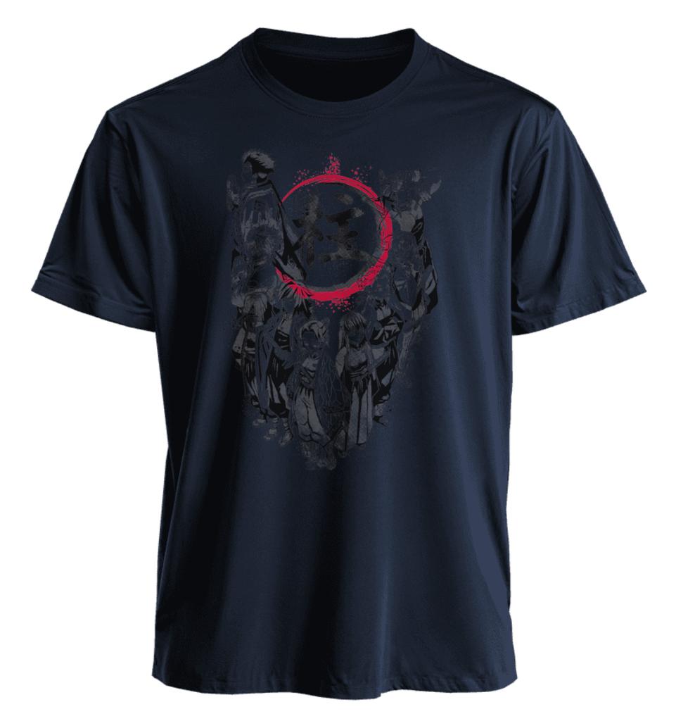 White Short Sleeve T Shirt Demon Slayer Hashira Group Print with Red Circle and Black Kanji Ink Splash Effect Cotton Anime Top