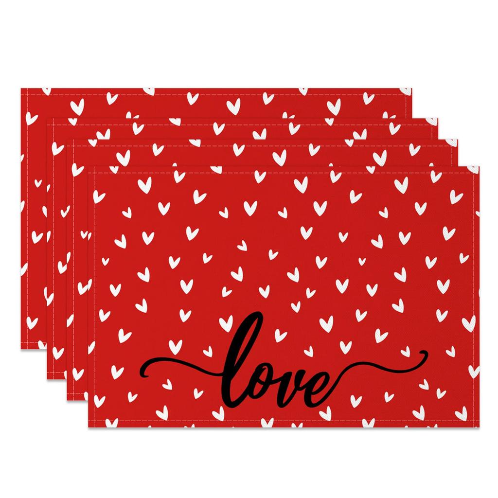 Heart Shape Placemats Romantic Love Pattern 4pc Linen Dining Mats Heat Resistant Valentine's Day Wedding Anniversary Party Decor