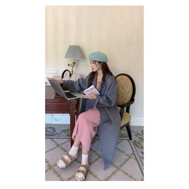 Розовое кашемировое пальто свободного покроя в корейском стиле - двустороннее женское пальто из смесовой шерсти