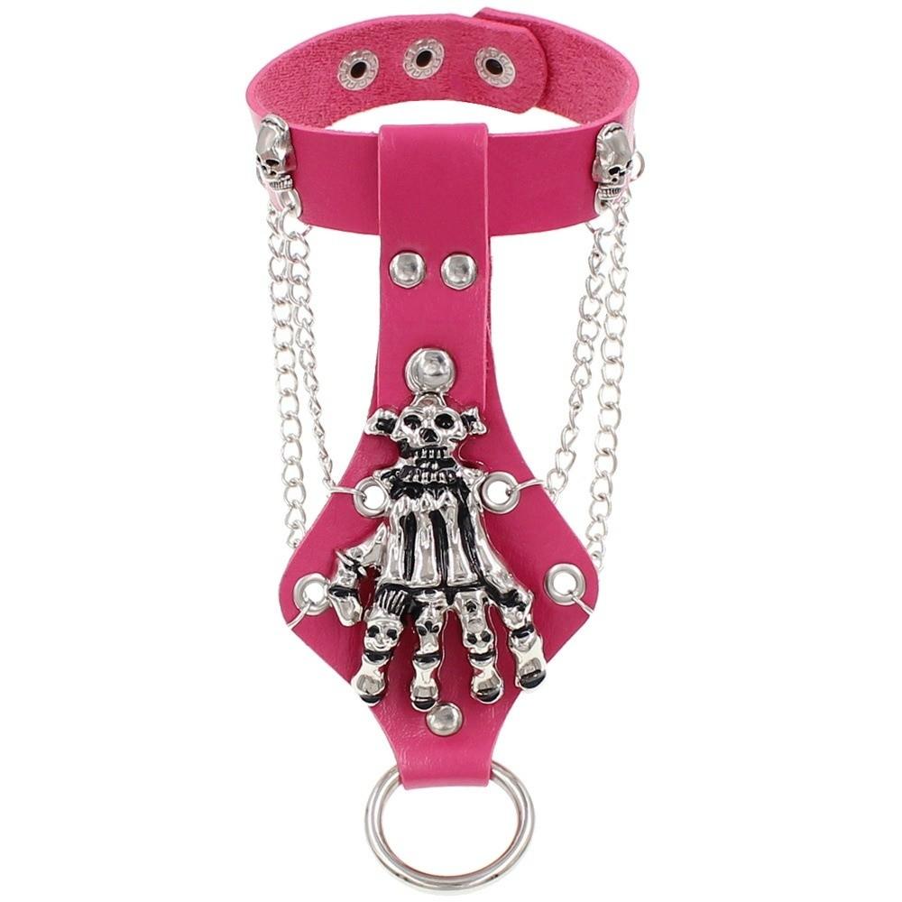Solid Color PU Leather Bracelet Adjustable Wide Chain Bracelet Dark Style Skull Wristband Unisex