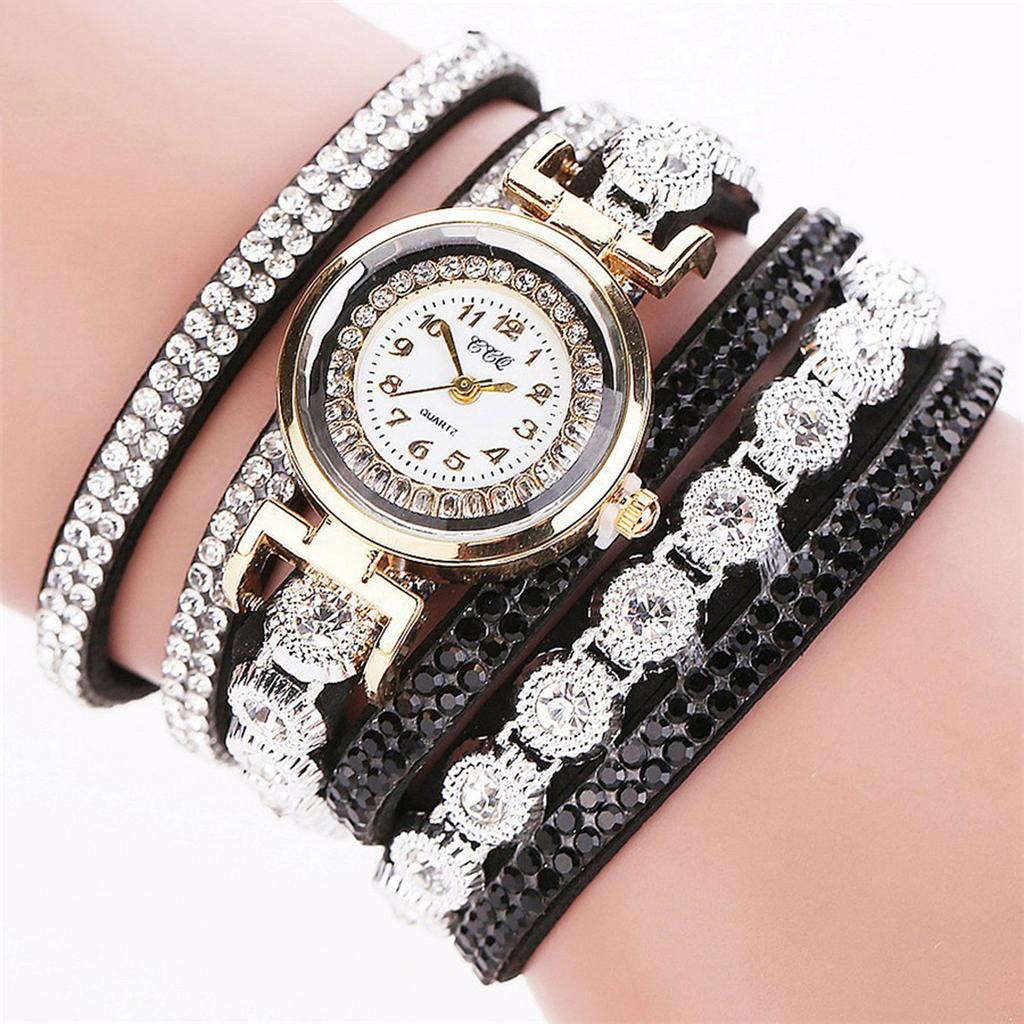 Leather Women Fashion Casual Decor Round Rhinestone Bracelet Watch