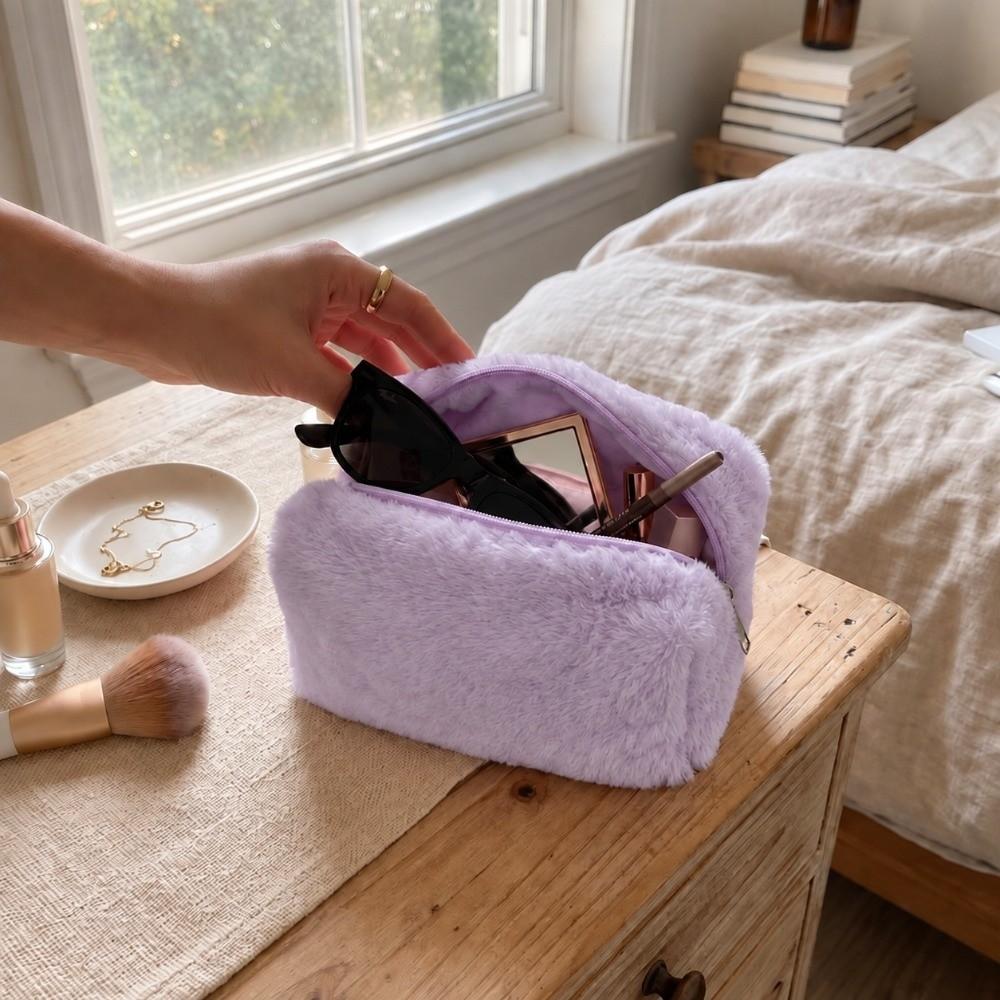 Rectangular Shape Plush Pencil Case Plush Fabric Handheld Cosmetic Bag Lady Daily Carry