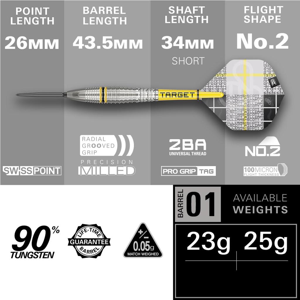 TARGET Darts Scott Williams Genaration 2 Steel-Tip Dart Set, 23G | 90% Tungsten Darts, Pro Ultra No. 2 Flights, ProGrip Tag Shafts & SP Tool
