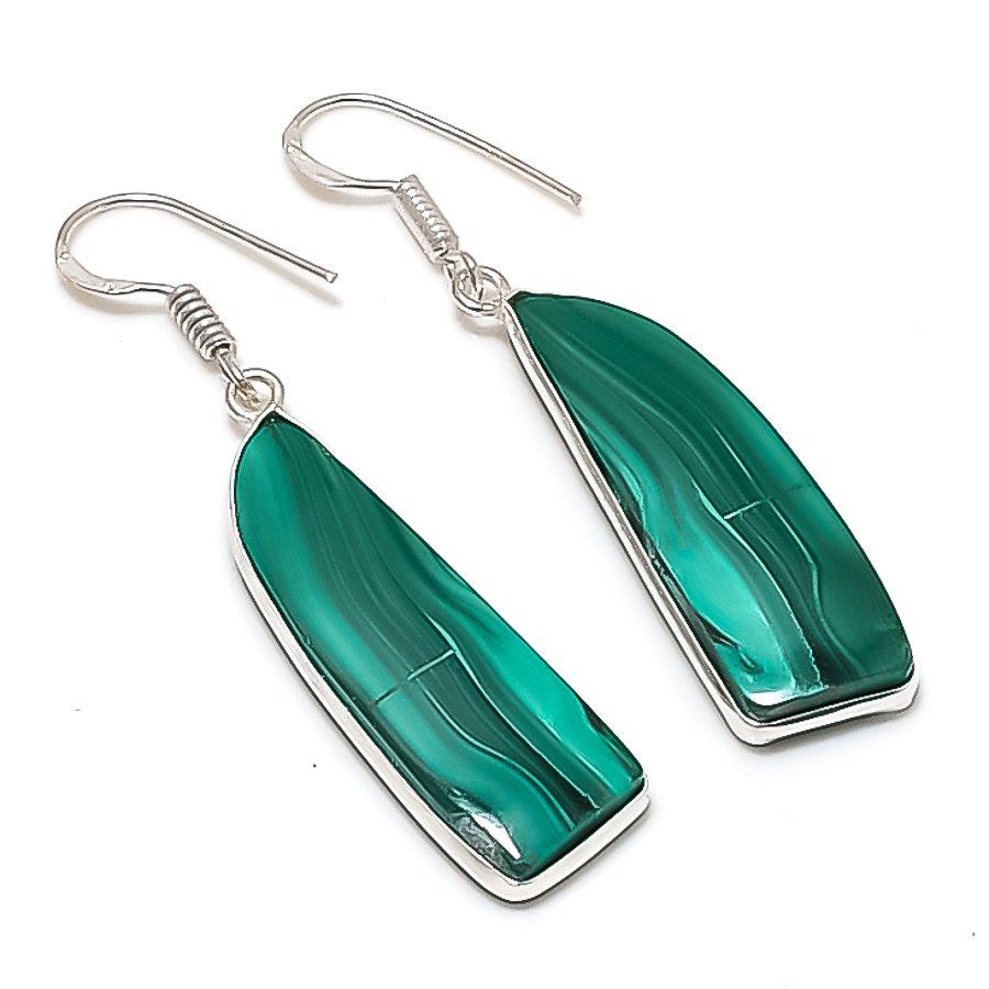 Натуральный Малахит Камень Ручная Работа Серьга из Стерлингового Серебра 925 пробы 2,09" AE-11679