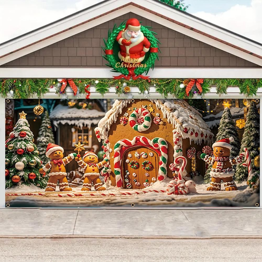 2D door banner 1pc Festive polyester Christmas garage door banner - Gingerbread Man and Candy House design, easy to hang