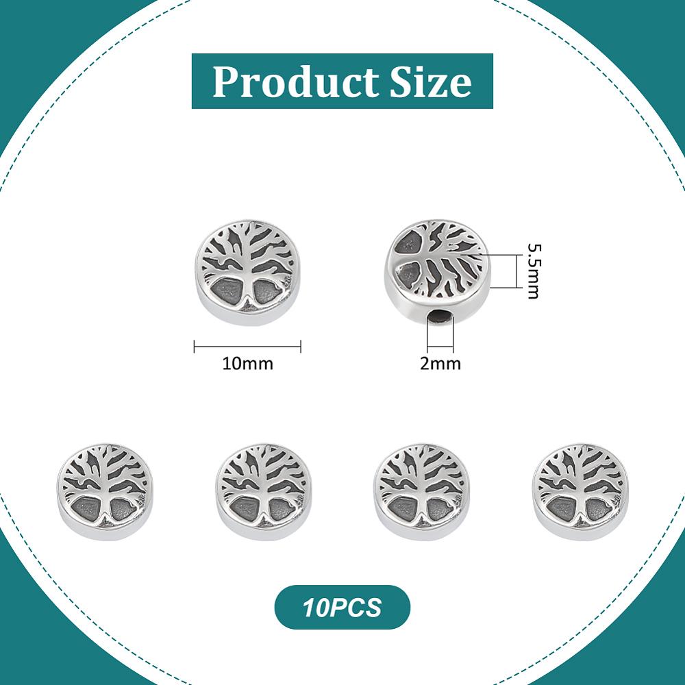 1box 10pcs Retro 304 Stainless Steel Beads Flat Round with Tree of Life Antique Silver 10x5.5mm Hole: 2mm