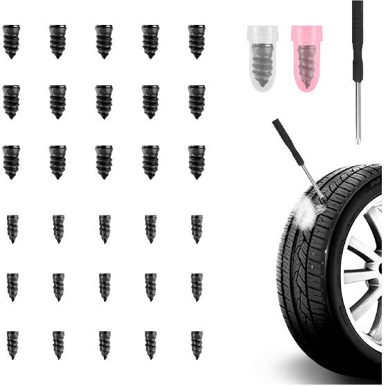 30PCS Tire Plug Kit,Self-Service Flat Tire Repair Kit Including Screwdriver,Upgraded Thickened Adhesive-Covered Tires Repair Screws for Sudden Flat