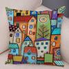 Colorful Cartoon House Pillowcase Retro Country Colors Urban Sofa Cushion Cover Home Car Decoration