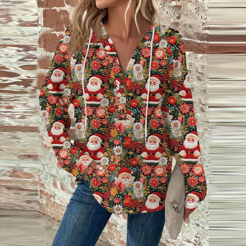 Женская мода с длинным рукавом, завязками на шнурке, капюшоном, пуговицами, V-образным вырезом, повседневная толстовка с капюшоном и рождественским принтом