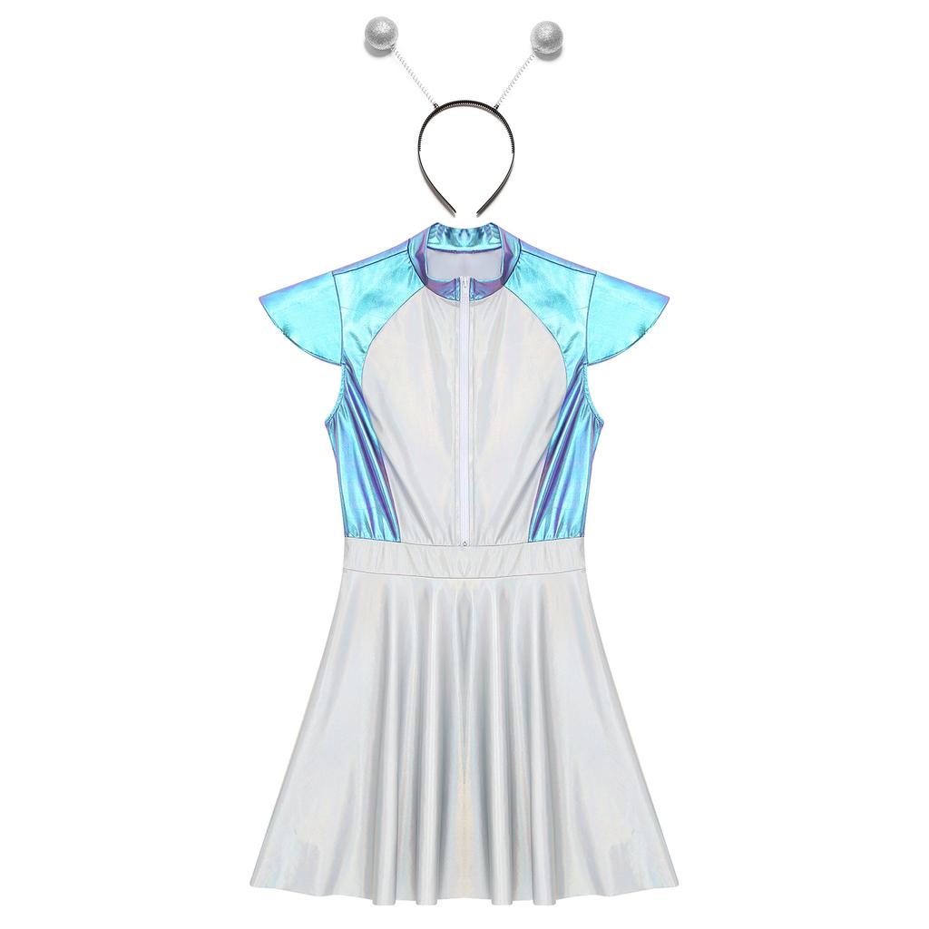 Womens Space Alien Costume Cap Sleeve Cutie Design Outer Space Theme Dress and Hair Hoop