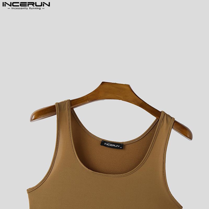 INCERUN Men Sleeveless Solid Color Thin Semi-Sheer Bodysuits Jumpsuits Short Rompers Underwear