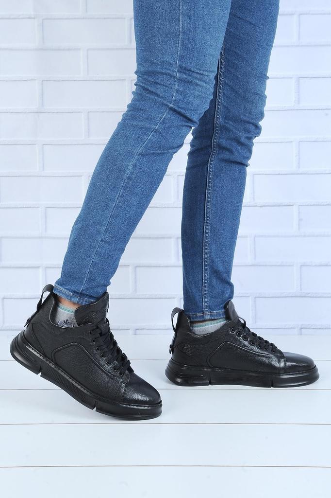 Men's Fashion Flat Heeled Booties Mr Black 100% Leather Winter Boots Shoes