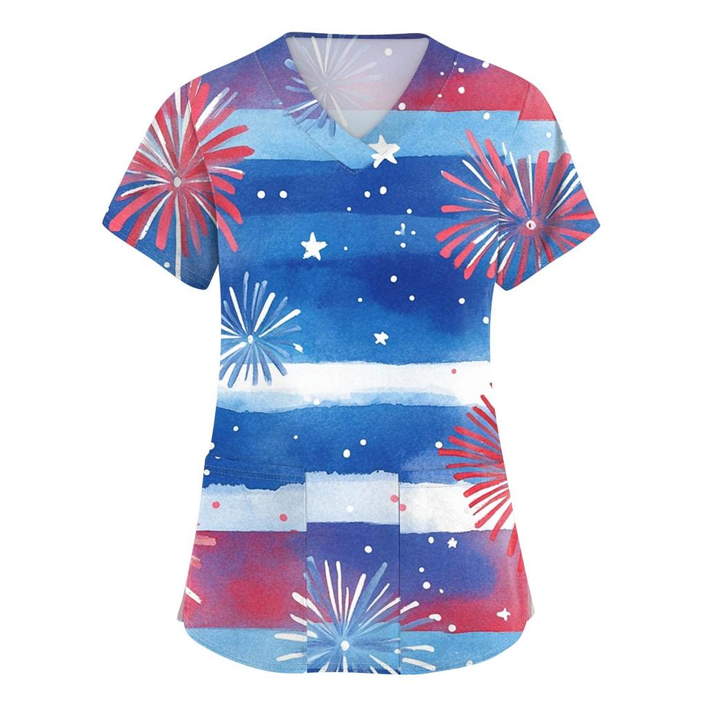 Women's Short Sleeve Independence Day Printed V-Neck Pocket Workwear Top