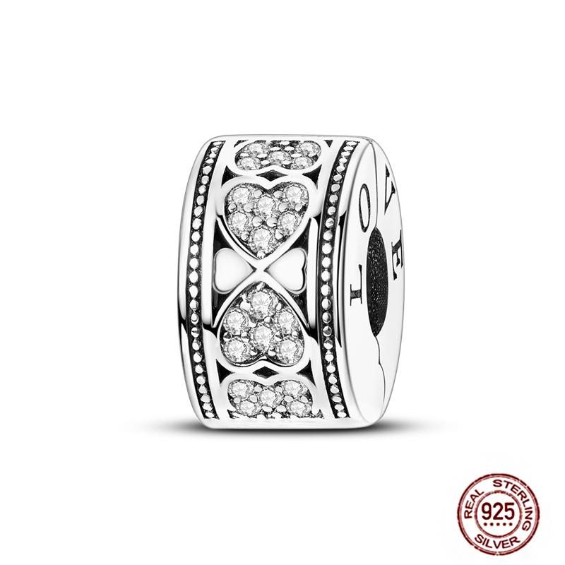 Round 925 Copper Clasp Pave Clip Charms Blue Star Moon Butterfly Slide Safety Chains Spacer Beads Fits Original Bracelet Zircon