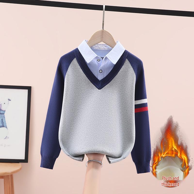 Вязаный свитер для мальчиков на флисовой подкладке: Плотный, Дизайн «Двойка» для Весны/Осени/Зимы