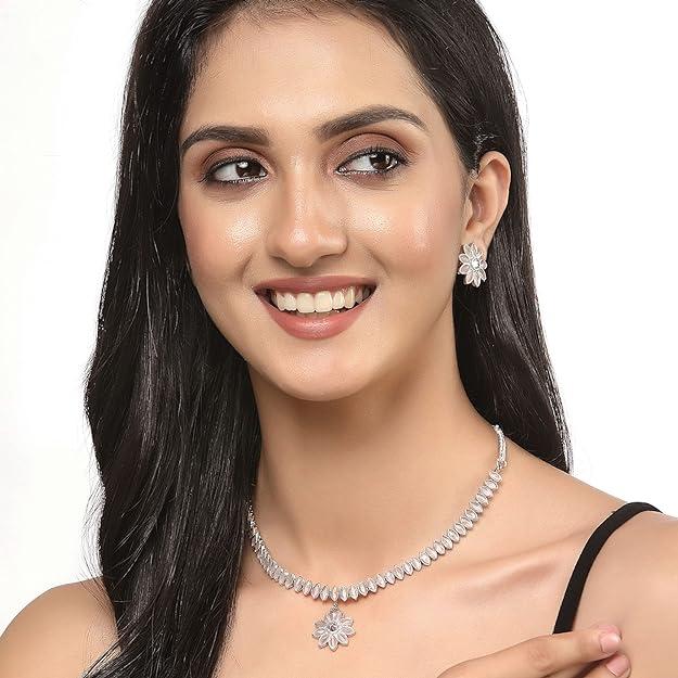 Набор украшений из оксидированного посеребренного цветка и листа с американскими бриллиантами и шипованными серьгами для девочек и женщин