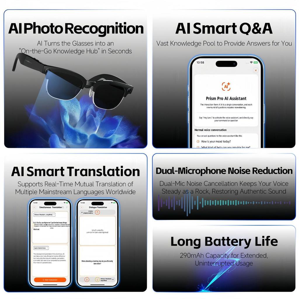 Smart Glasses W630T: AI-Enhanced Chat, Real-time Voice Translation, Photo & Video Recording