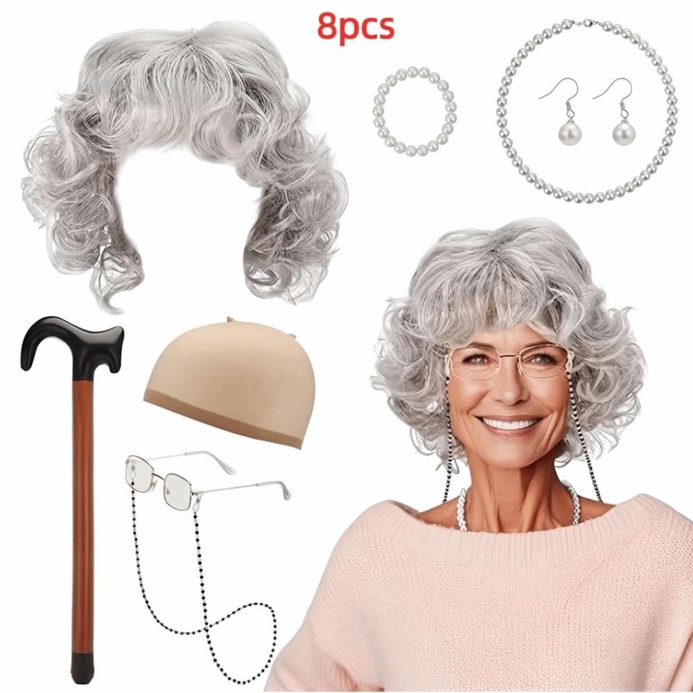 5/6/8pcs Funny Grandma Gray Wig Hairpiece Halloween Costume Set  Costume Party
