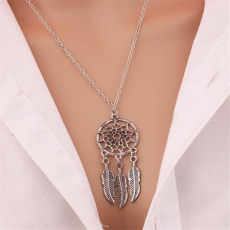 Hollow Dreamcatcher Pendant Necklace for Women Fashion Leaf Feather Necklaces Vintage Ethnic Fashion Party Jewelry Gift Bijoux