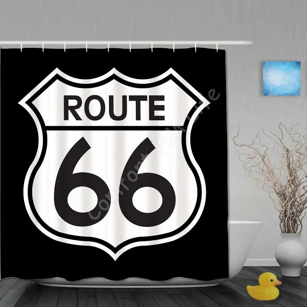 Polyester Fabric Waterproof Shower Curtain Set Hooks Home Decorative Bath Curtains US Route 66