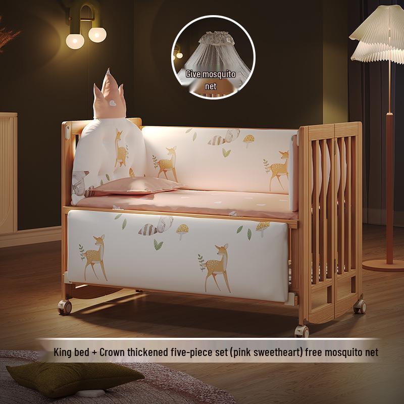 Movable Solid Wood Foldable Baby Crib, Unpainted, Multifunctional Newborn Bed