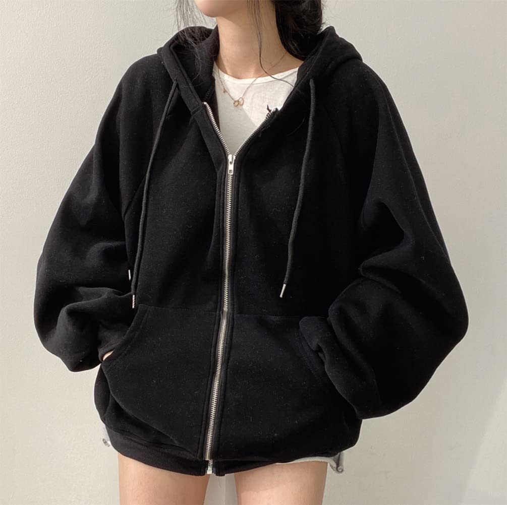 Толстовка с флисом Свободный крой Харадзюку Топ с длинным рукавом на осень и зиму QYY-1 Женская на молнии Подкладка, Плотная, Теплая, Стильная, Повседневная, По фигуре, Оверсайз,