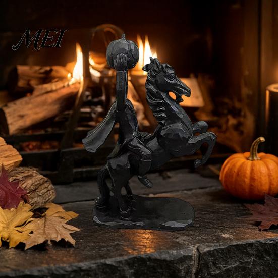 Desktop Figurine for Halloween Headless Horseman Holding Pumpkin Statue, Matte Black Resin Figurine, Creative Gifts Goth Lovers Gothic Tabletop Decor