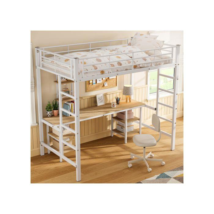 Двухъярусная кровать - MUVOE - 90x200 см - Белый металл - Боковая лестница - Безопасная EN747