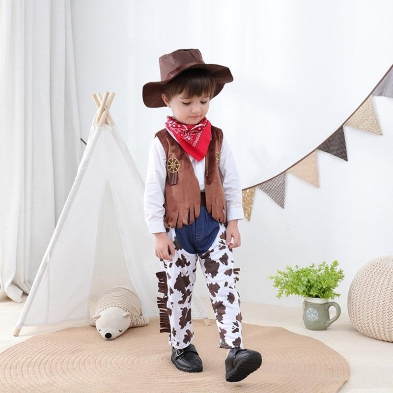 5Pcs Western Cowboy Costumes Cowboy Vest Bandana Shirt Pants Cap Halloween Fancy Dress Accessories Western Outfits