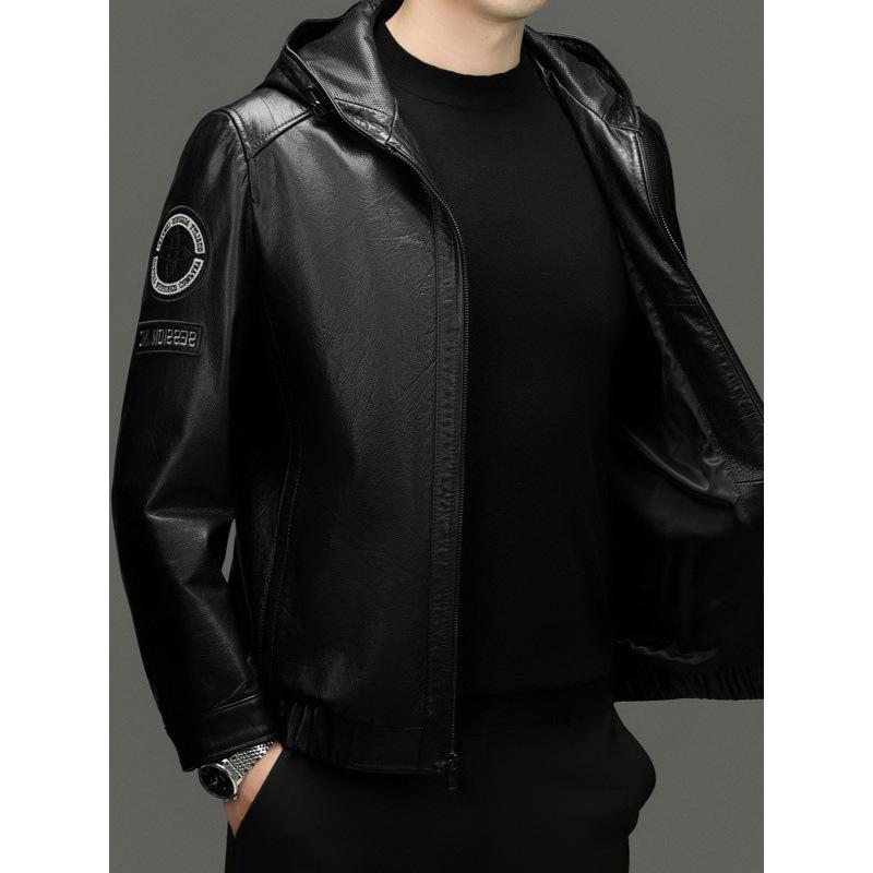 Men's Oil Wax Cowhide Leather Jacket Hooded Jacket Autumn and Winter New Fashion Trend Locomotive Leather Jacket