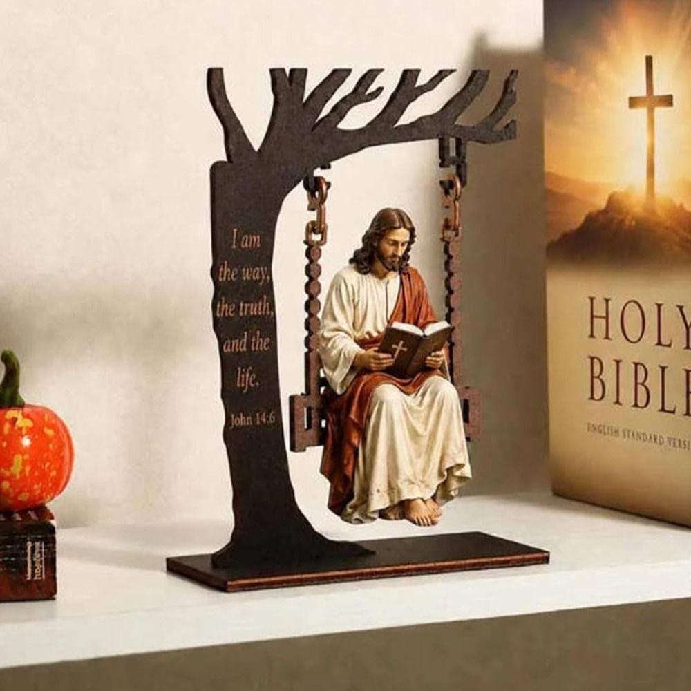 Tree Shape Figure Reading on the Swing Freestanding Base Shelf Decoration Christian Table Decor