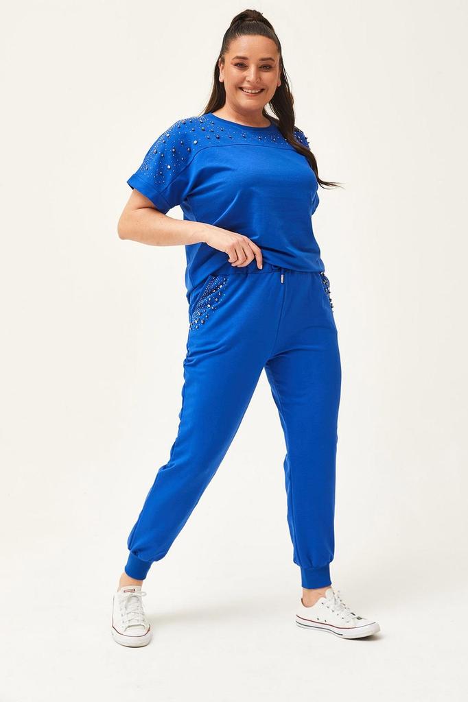 Женский модный спортивный костюм большого размера, летний зеленый спортивный костюм большого размера с камнями и бисером, с короткими рукавами