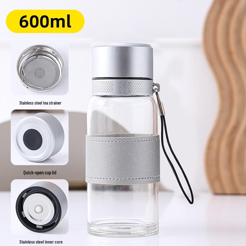 Portable Glass Water Bottle with Lanyard - Quick Open, Tea Separator, High-Capacity Borosilicate Glass