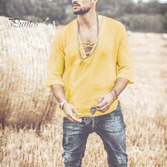 Летняя мужская рубашка на шнуровке с V-образным вырезом и средними рукавами, свободный однотонный пуловер в стиле ретро, ​​повседневная одежда, быстросохнущий тонкий повседневный топ средней длины