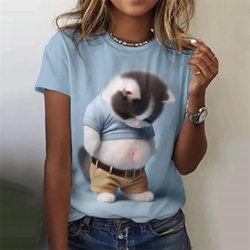 Летний топ с круглым вырезом и принтом 3D Funny Fat Cat, модные повседневные женские футболки с короткими рукавами