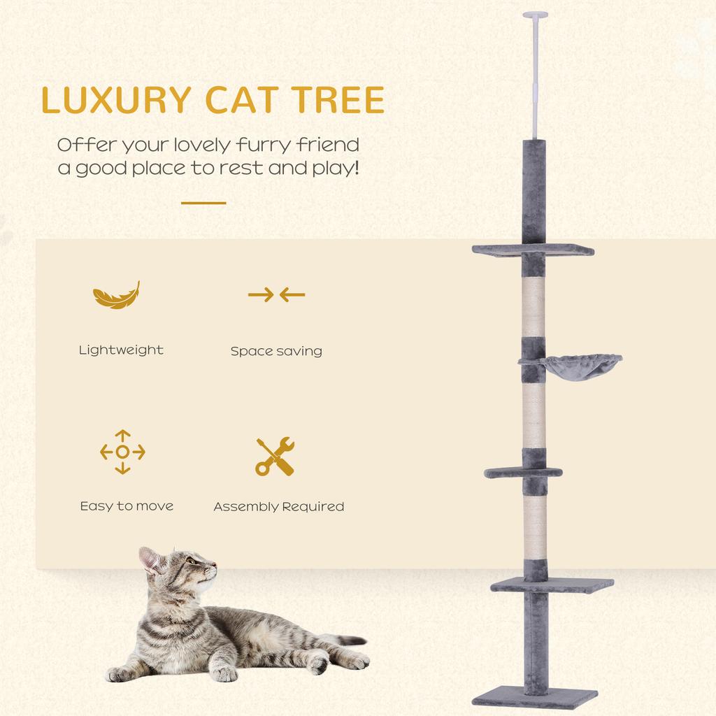 Floor To Ceiling Cat Tree 230 260cm Height Adjustable 5 Tier Cat Tower With Scratching Posts Hammock Perches Climbing Activity Centre For Indoor