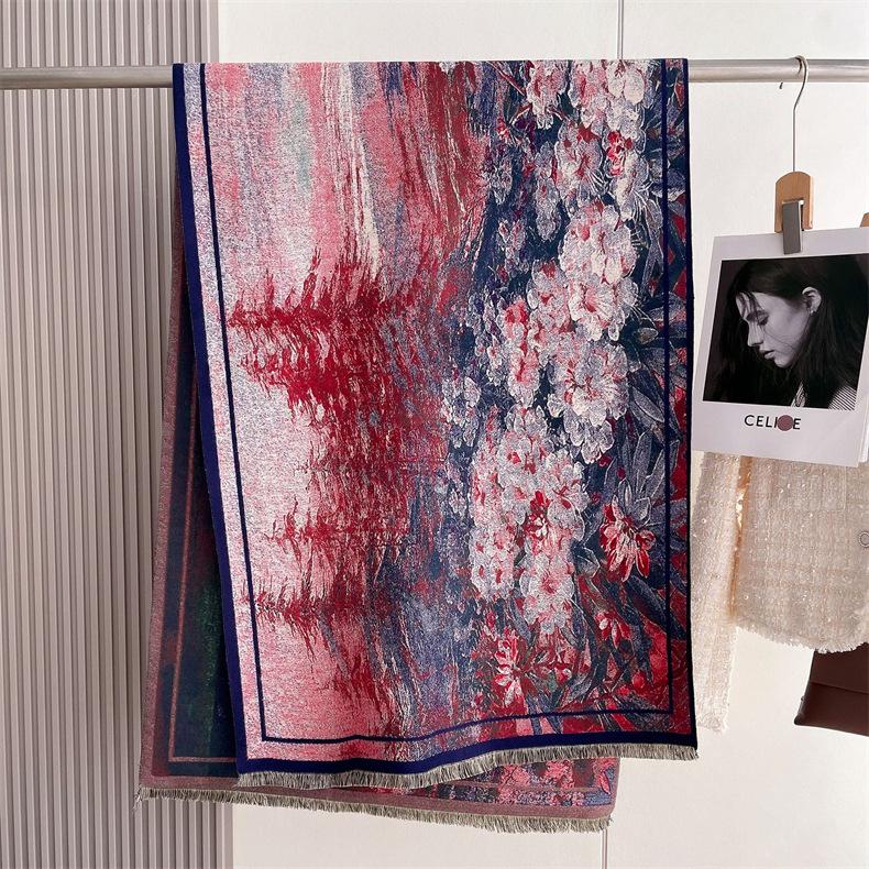 2024 Осень/Зима Новый утолщенный теплый двухсторонний двухцветный шарф из искусственного кашемира с кисточками, высококачественный воротник-шаль