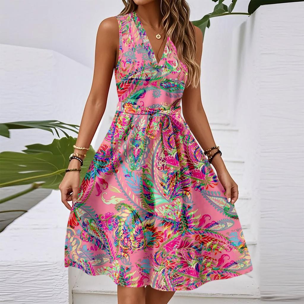 Женское весенне-летнее повседневное платье миди с V-образным вырезом без рукавов и цветочным принтом на талии