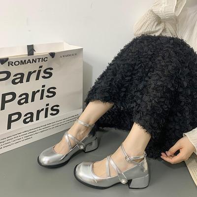 Темпераментные жемчужно-серебристые туфли Мэри Джейн женские весенне-осенние ретро на высоком каблуке с ремешком на крест и толстым каблуком