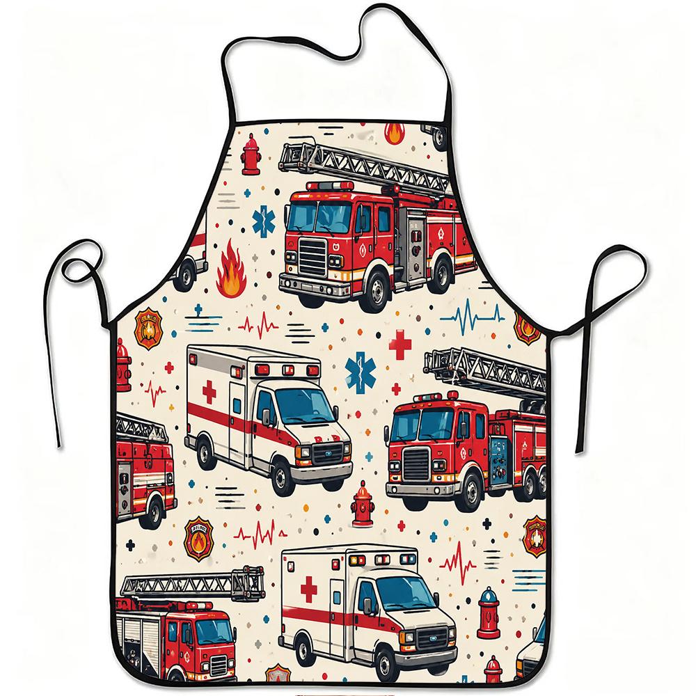 1pc Fire Truck And Ambulance Rescue Pattern Print Apron, Durable And Easy to Clean, Adjustable Waistband, Polyester Material, for Kitchen Cooking, Gar