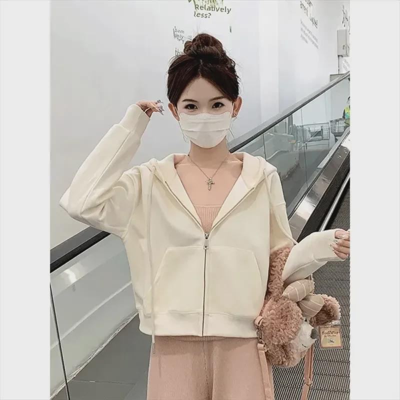 Women's Gray Hooded Zipper Cardigan - Long-Sleeve Sweater Jacket for Spring and Autumn