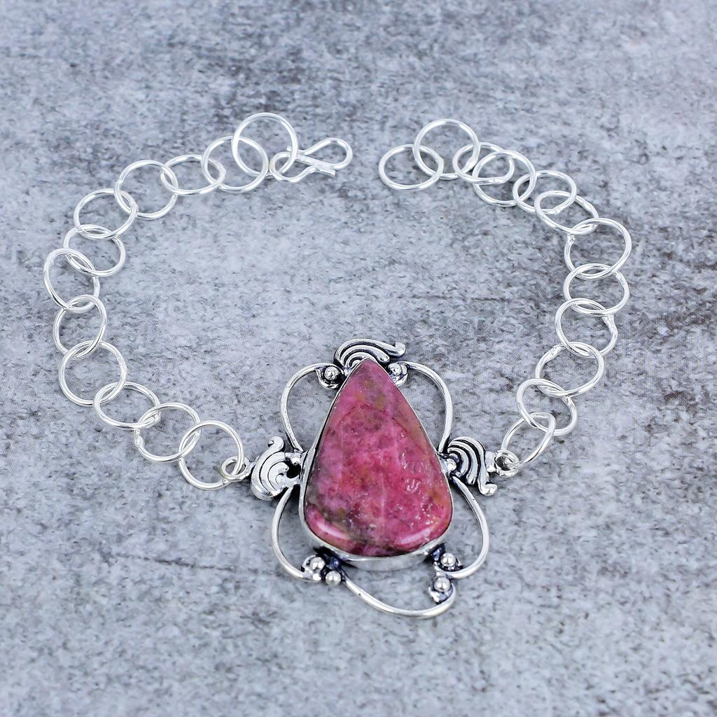 Pink Thulite Gemstone Handmade 925 Sterling Silver Bracelet 7-8" M-2729
