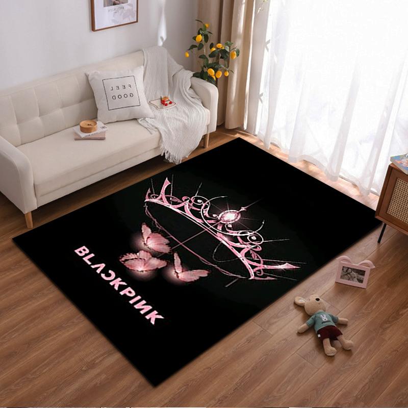 Black Stylish Carpet with Pink Crown, Butterflies, and "BLACKPINK" Text Suitable for use as an anti-slip for living room bedroom sofas
